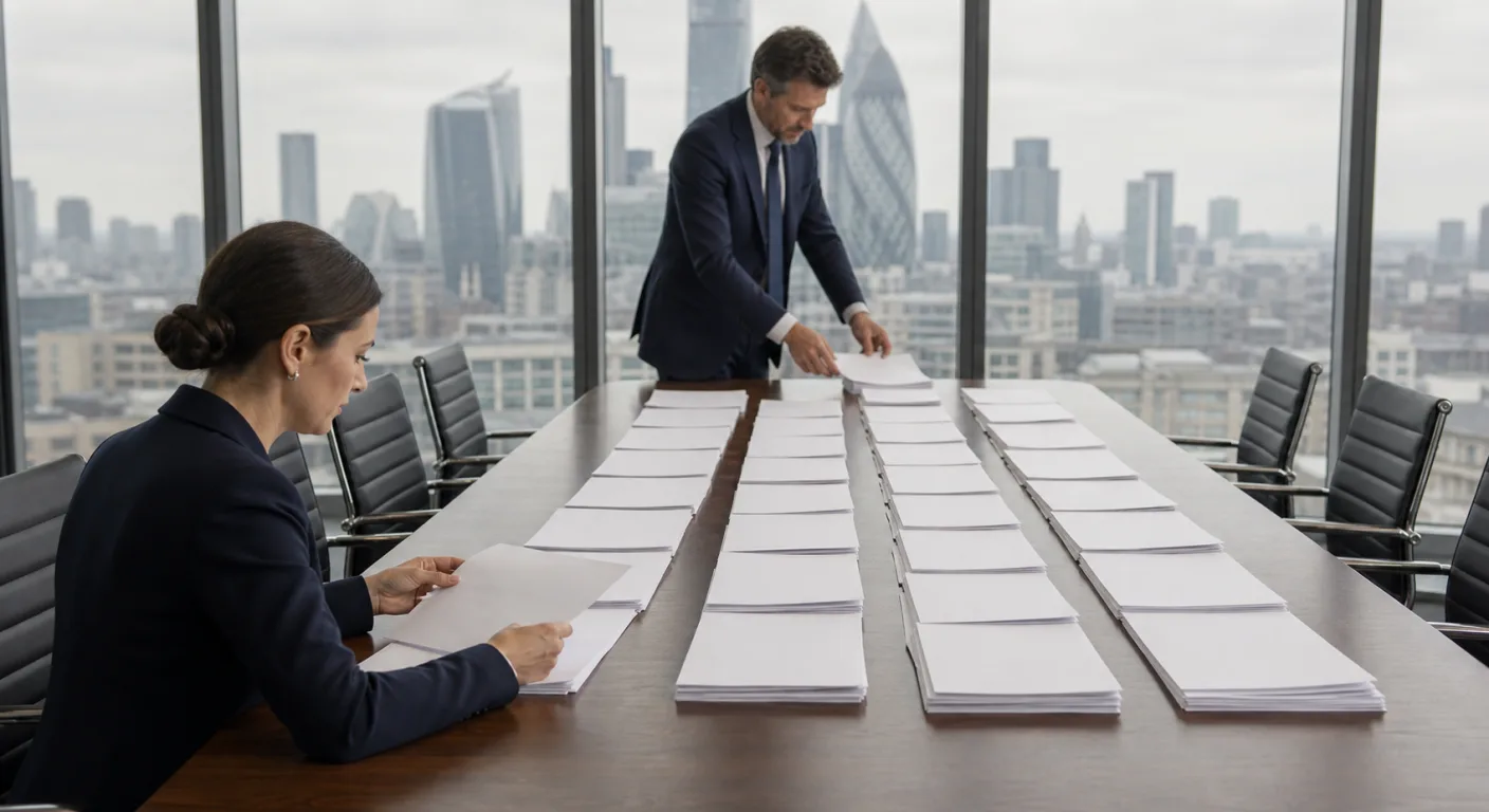 An operations lead arranging printed documents into layered rows along a boardroom table with the City of London skyline behind