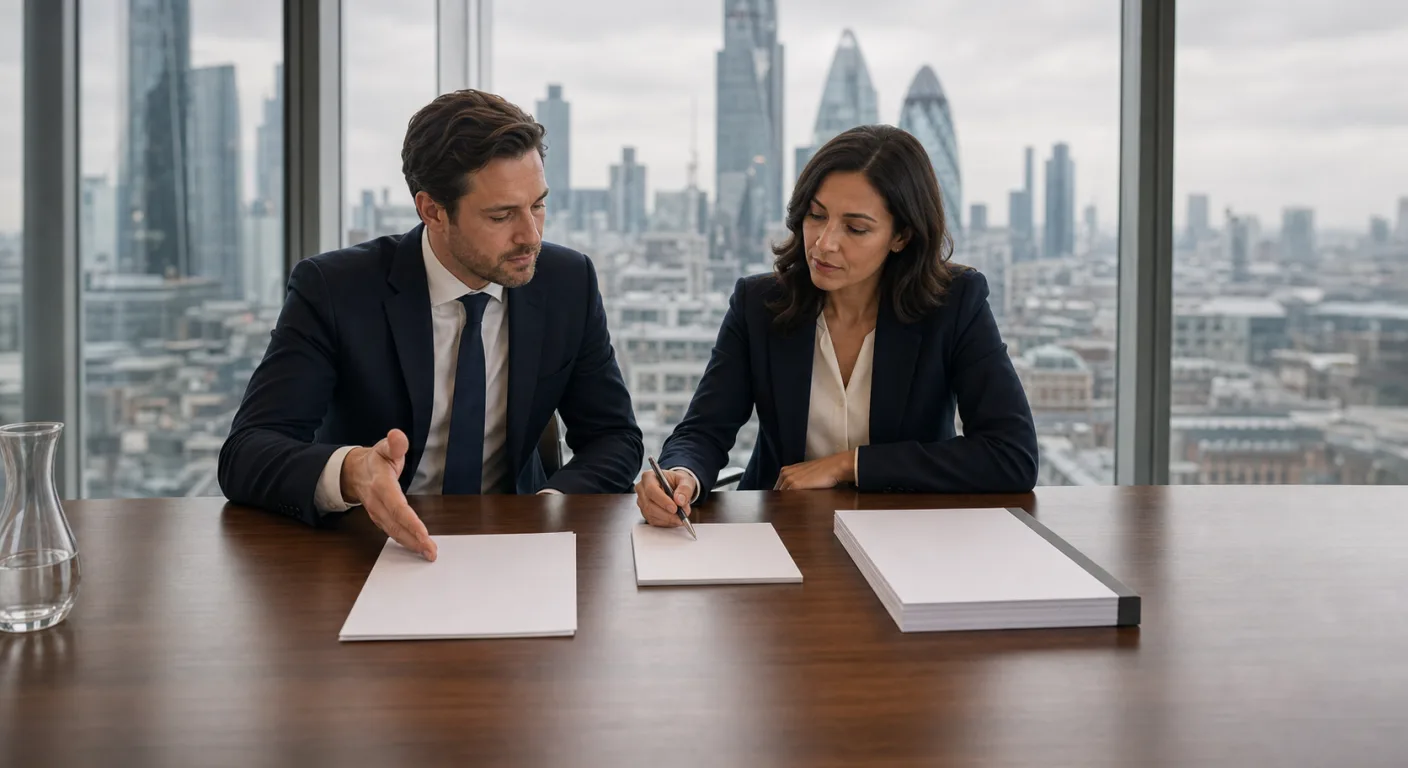 Two professionals at a boardroom table comparing two printed document sets side by side with the City of London skyline behind them