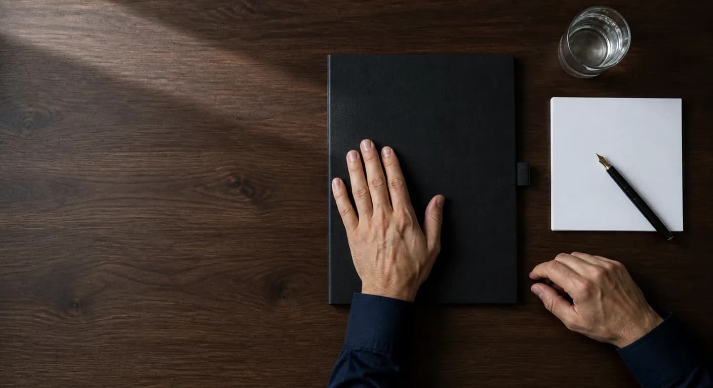 Overhead view of a dark walnut meeting table with a closed black document folder, plain paper and a fountain pen, and a pair of hands resting on the folder