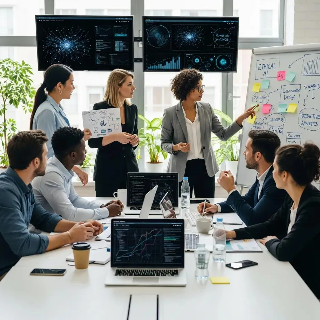 Consultant presenting strategy charts on a screen to a team in a boardroom with data dashboards