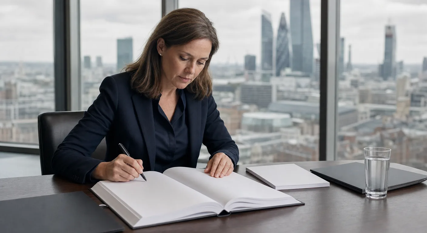 A compliance officer working through a bound assessment document at a walnut desk with the City of London skyline behind