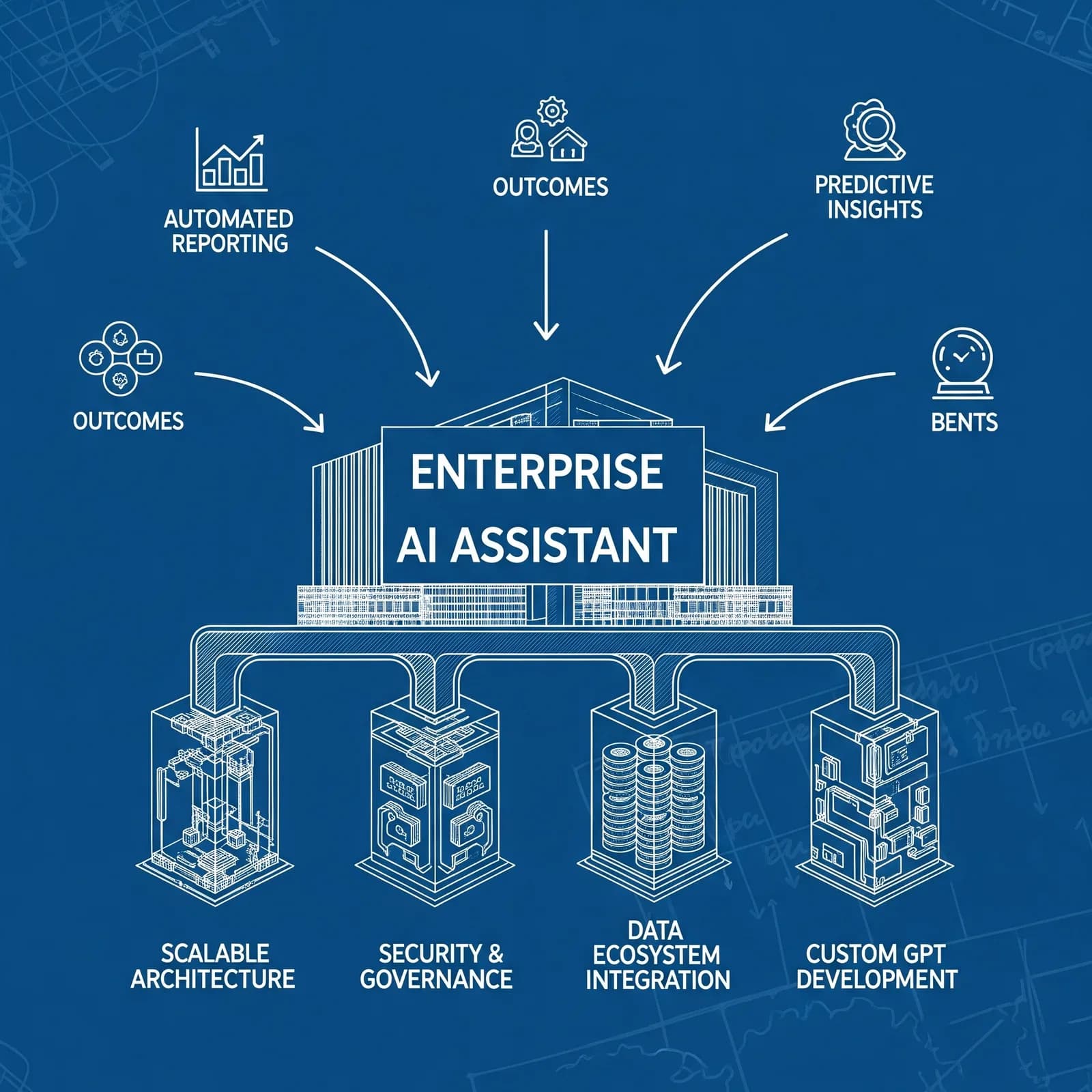 Infographic of an enterprise AI assistant showing architecture, governance and integration