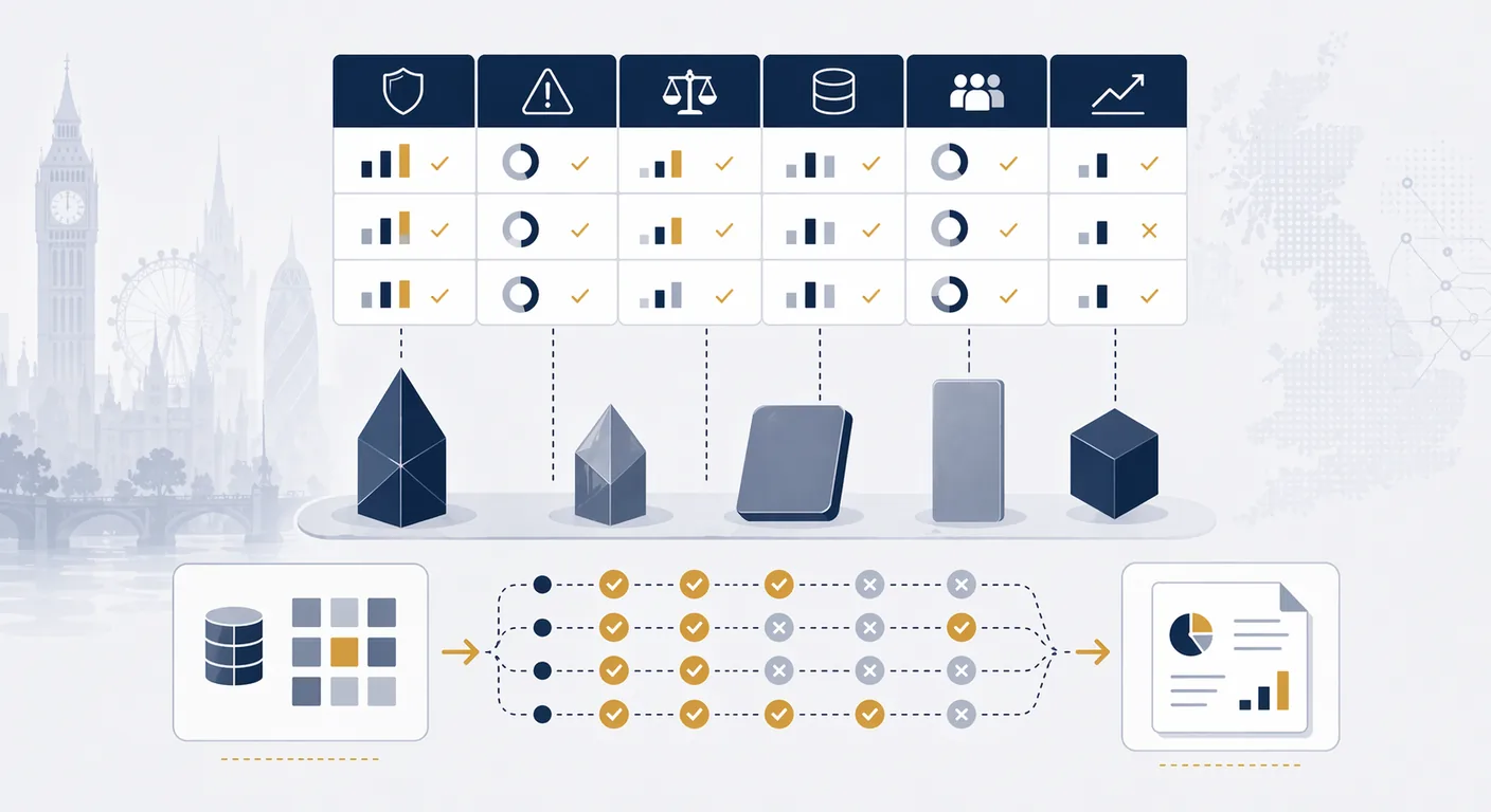 A 12-cell scoring grid overlaid on silhouettes of five candidate language models, with a bake-off workflow diagram below