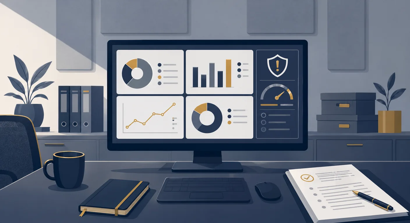 A UK financial services compliance officer reviewing an AI model outcomes dashboard with risk and vulnerability indicators