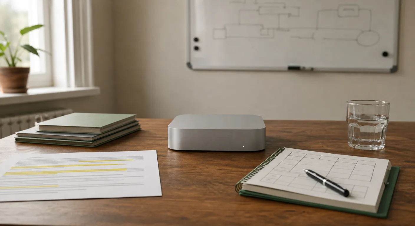 A compliance review in progress on a working desk with a Mac mini, a structured notebook, highlighted printed document, and card folders.