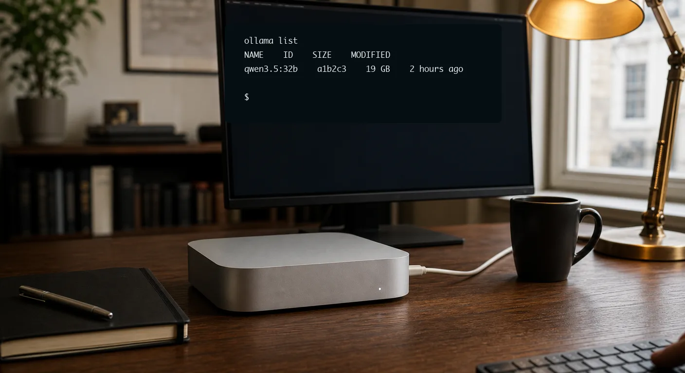 A technical workstation in a small UK consultancy office in late afternoon light, with a Mac mini in sharp focus and an external monitor showing terminal output.