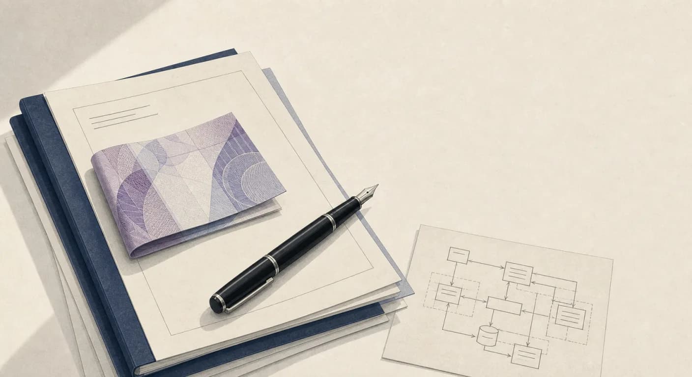 A folded UK twenty-pound note resting on a stack of briefing documents and an architectural sketch of an AI system, in muted editorial style.