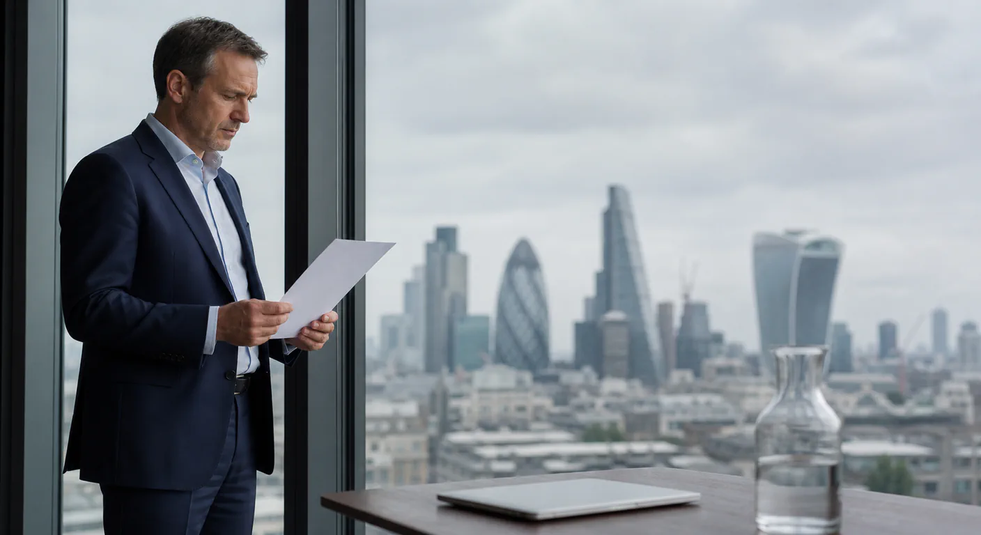 A finance director standing at floor-to-ceiling glazing reading a printed page, with the City of London skyline soft behind