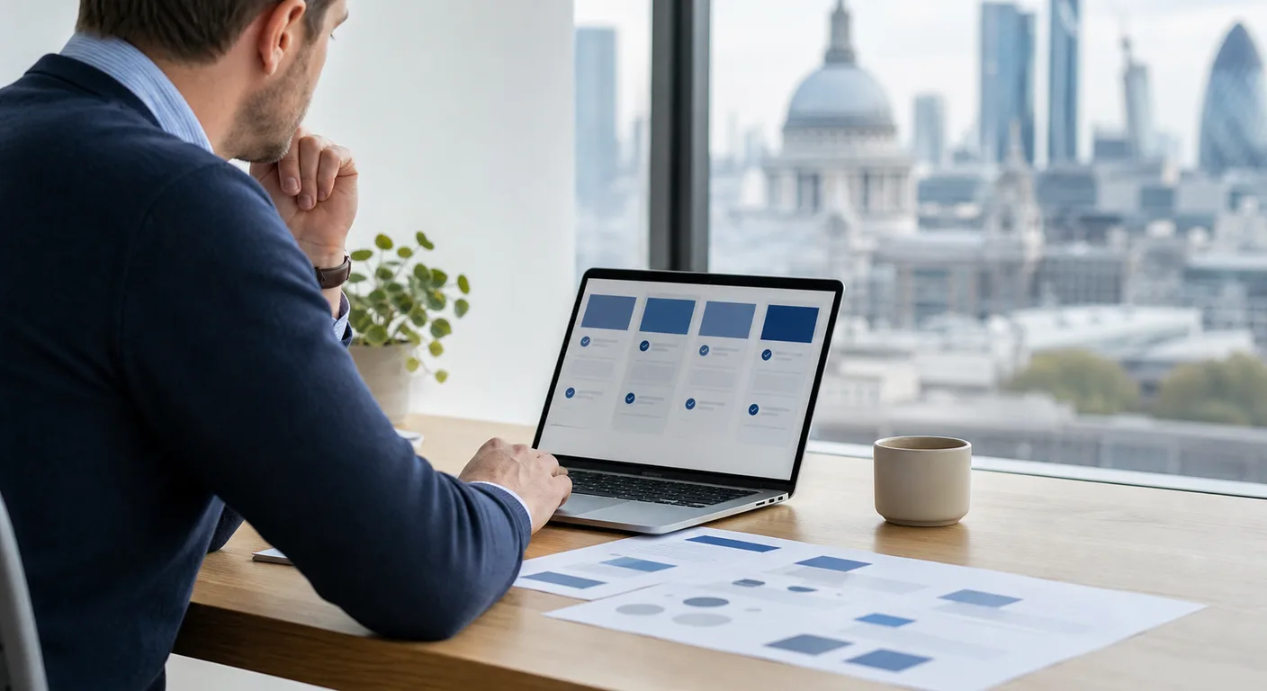 A UK business owner reviewing a shortlist of AI consultancies at a desk, with a soft London skyline beyond the window