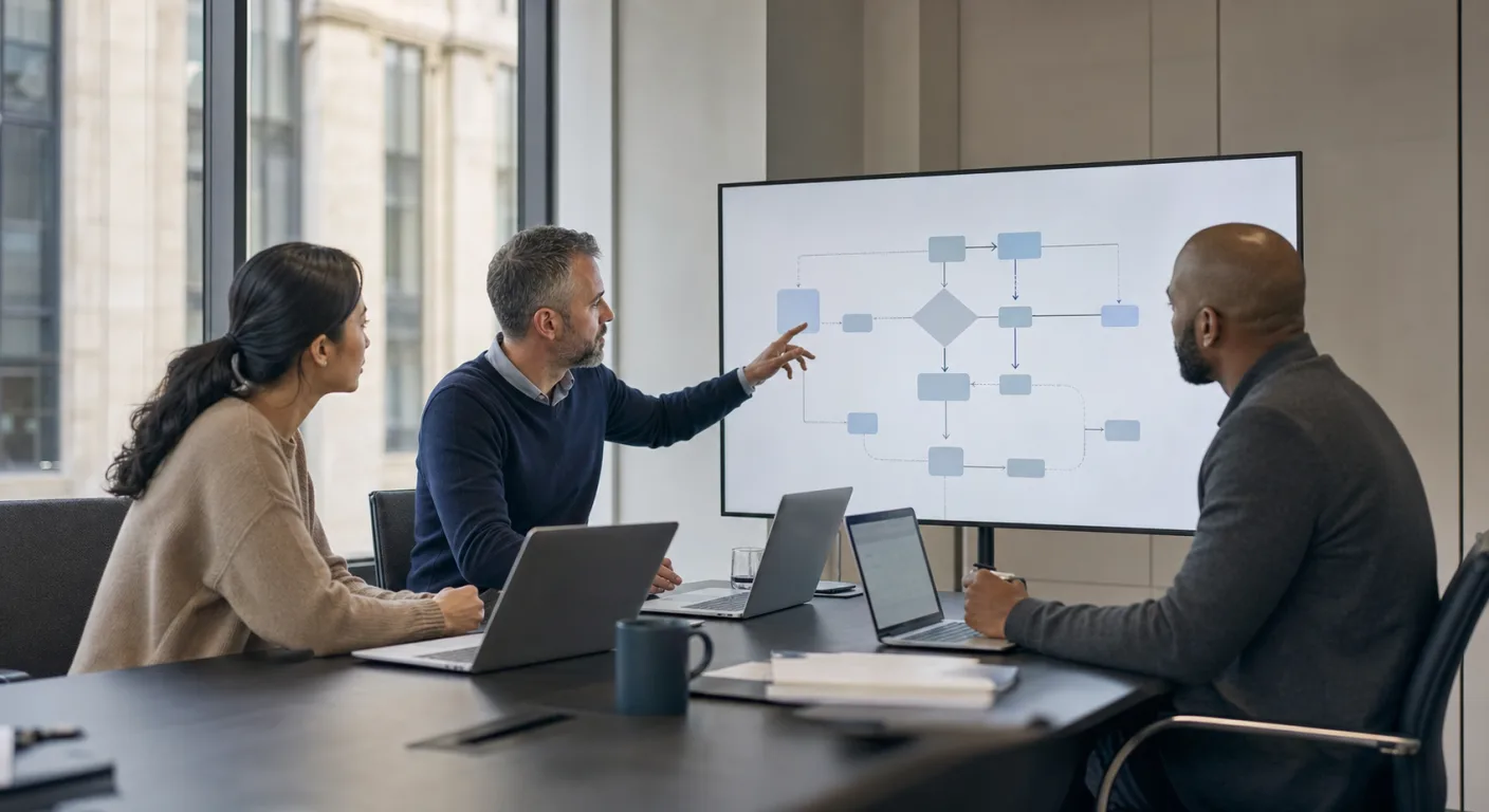 A UK business team in a modern office reviewing a ChatGPT integration roadmap on a large monitor, with a city skyline visible through glass walls