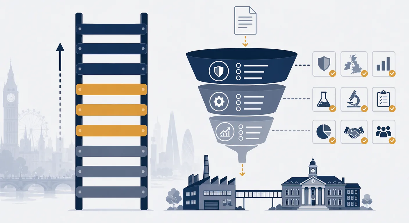 An illustrated TRL ladder showing levels 4 to 6 highlighted, with a UK grant application funnel narrowing toward a successful funded project