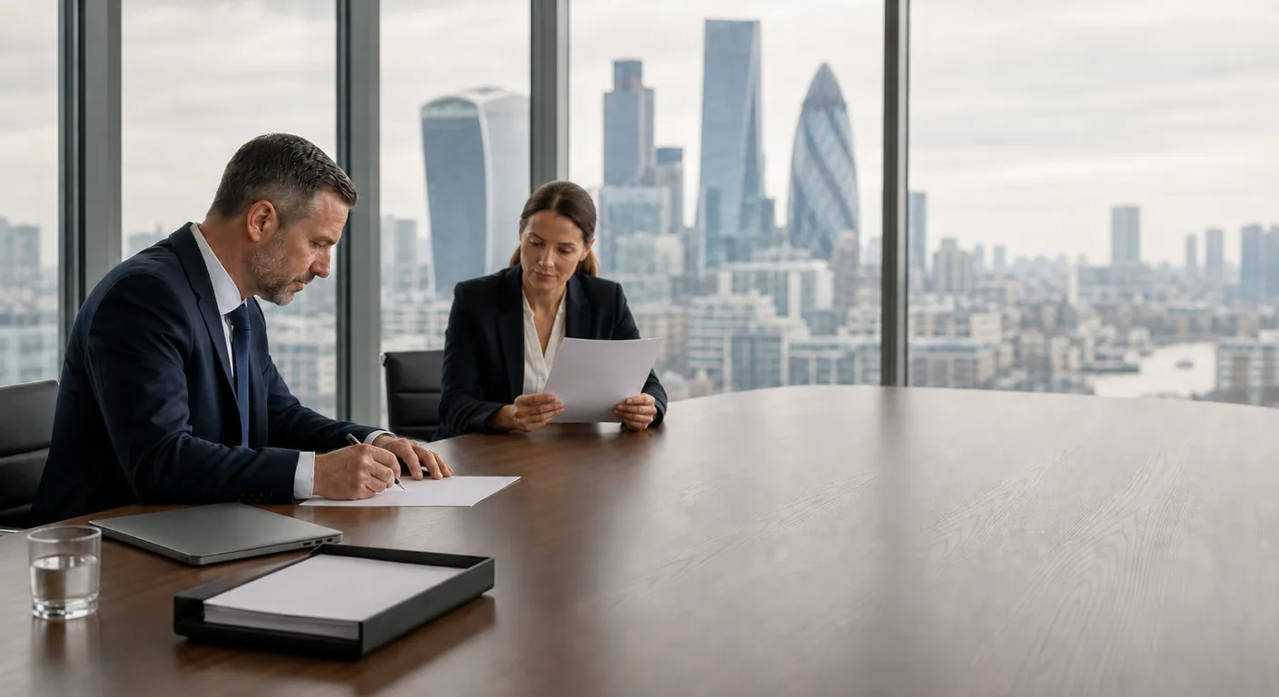 Two professionals reviewing printed data-protection documents at a boardroom table with the City of London skyline behind them