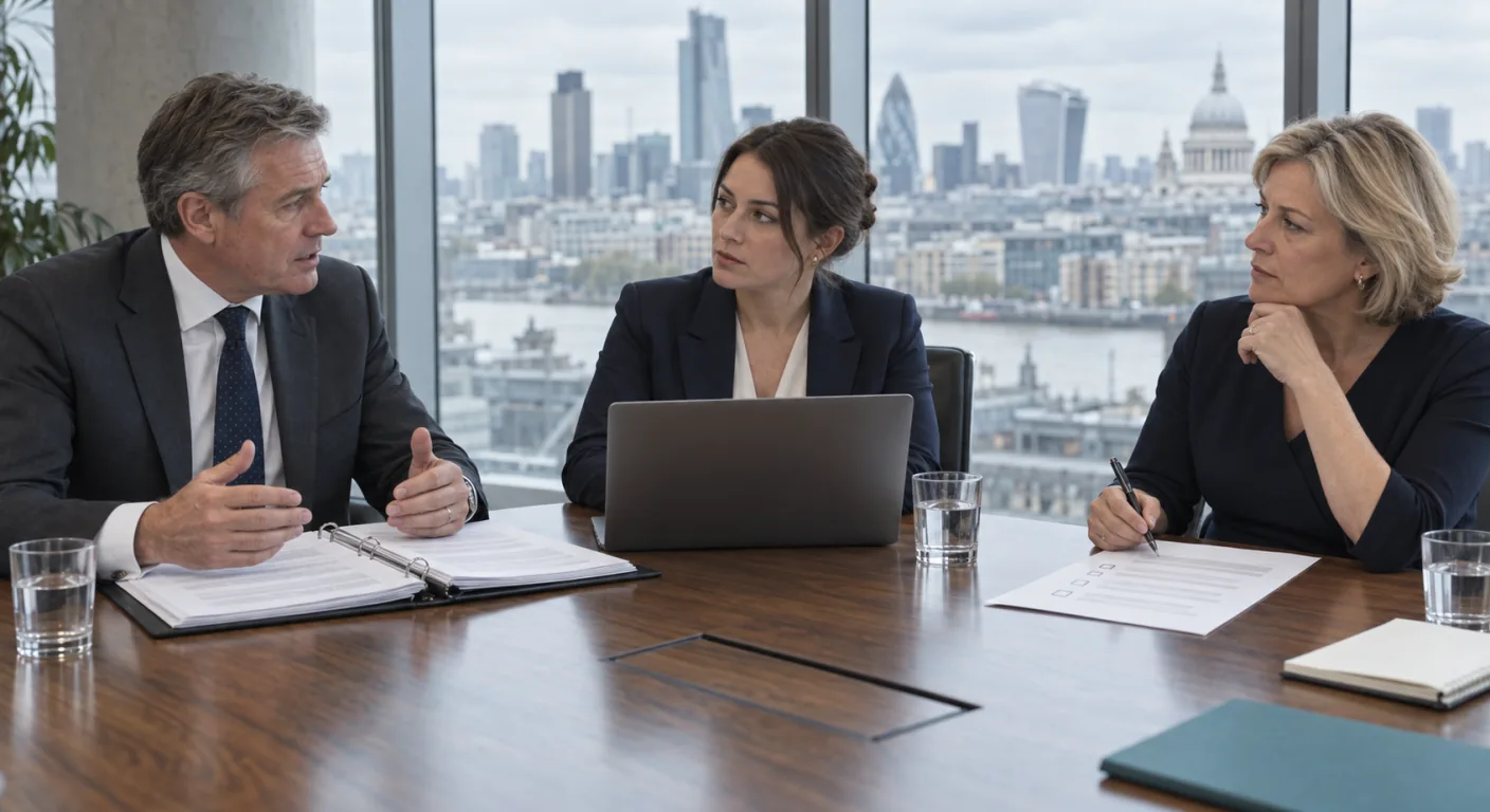 A finance director with a ring binder of statements, an IT manager with a laptop and an external adviser with a printed checklist, discussing at a boardroom table whether to connect their accounts and CRM systems to Claude