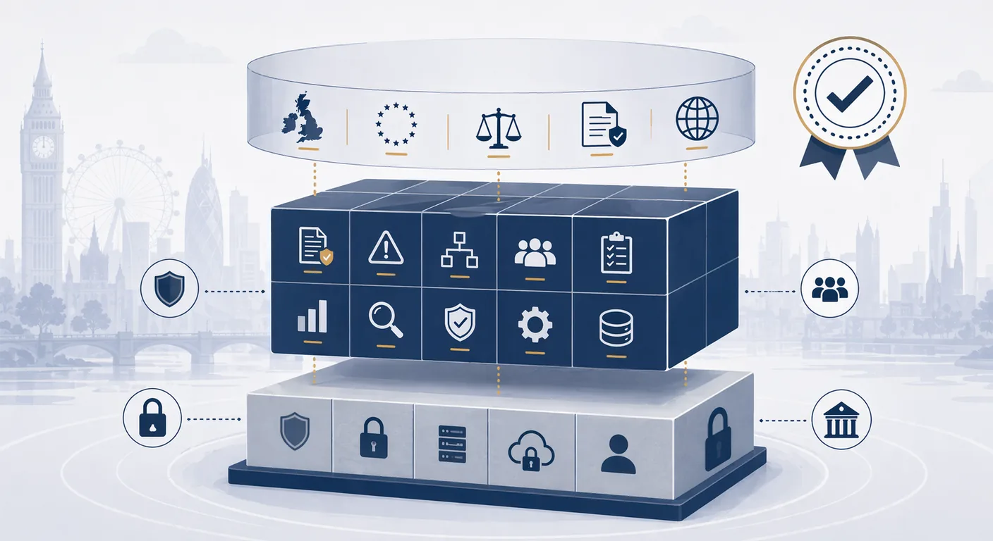 A layered framework illustration showing an AI management system resting on an information security baseline, with an external regulation layer above