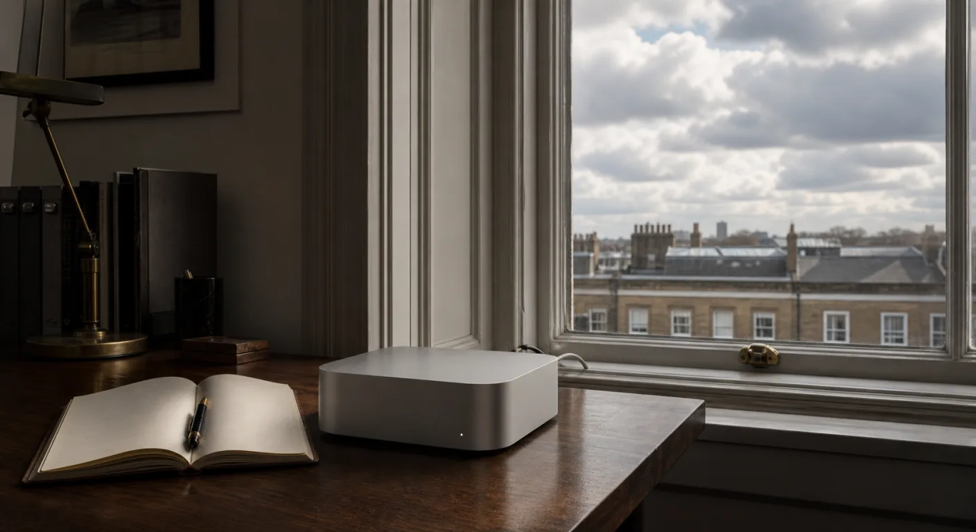 A working desk with a Mac mini in sharp focus and a tall sash window showing overcast UK sky and Georgian rooflines.