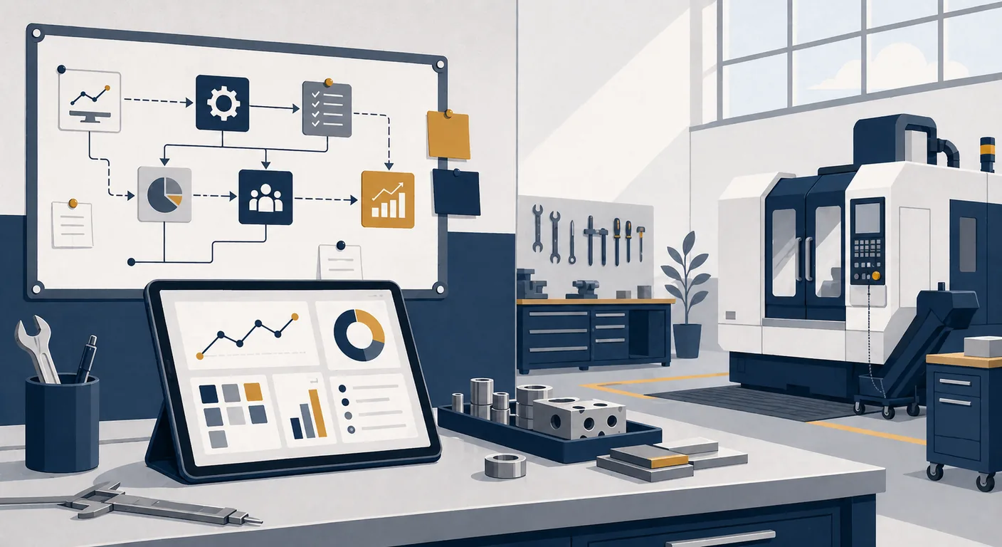 A UK manufacturing shop floor with a production engineer reviewing data on a tablet next to a CNC machine