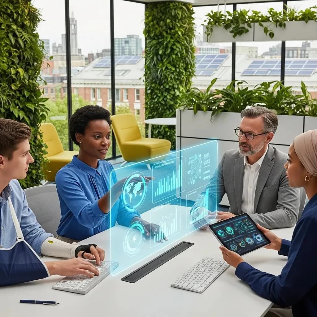 Business team reviewing a tablet with a holographic AI interface in a plant-filled office