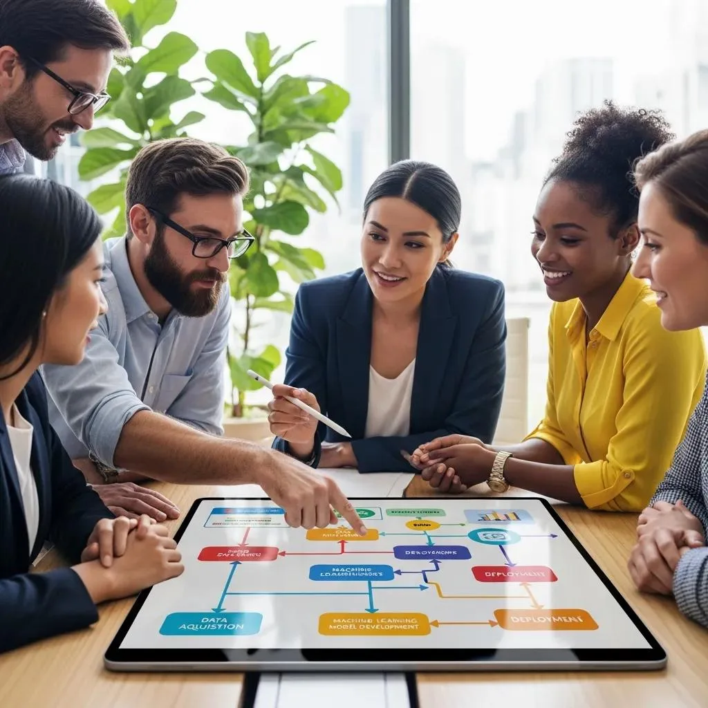 Team planning an enterprise AI roadmap on a colourful board of sticky notes around a table