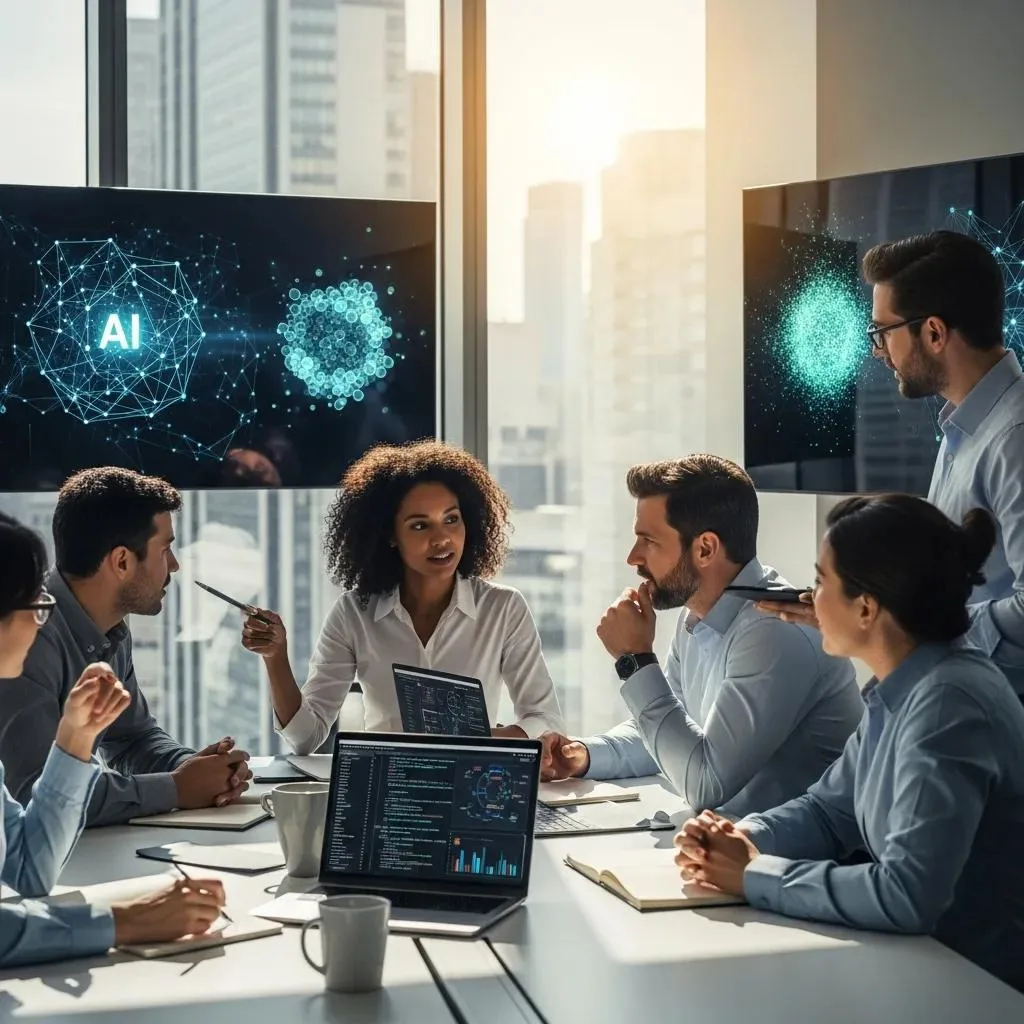 Team discussing results beside a large glowing AI hologram and a network of data nodes