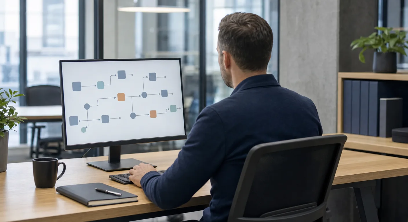 A person at a desk viewing an automated workflow diagram of connected nodes on a monitor