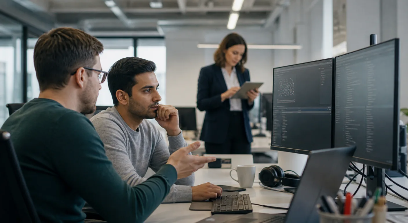 A UK engineering team in a modern office reviewing split-screen code output from two AI coding tools on large monitors, with collaborative whiteboard notes in the background