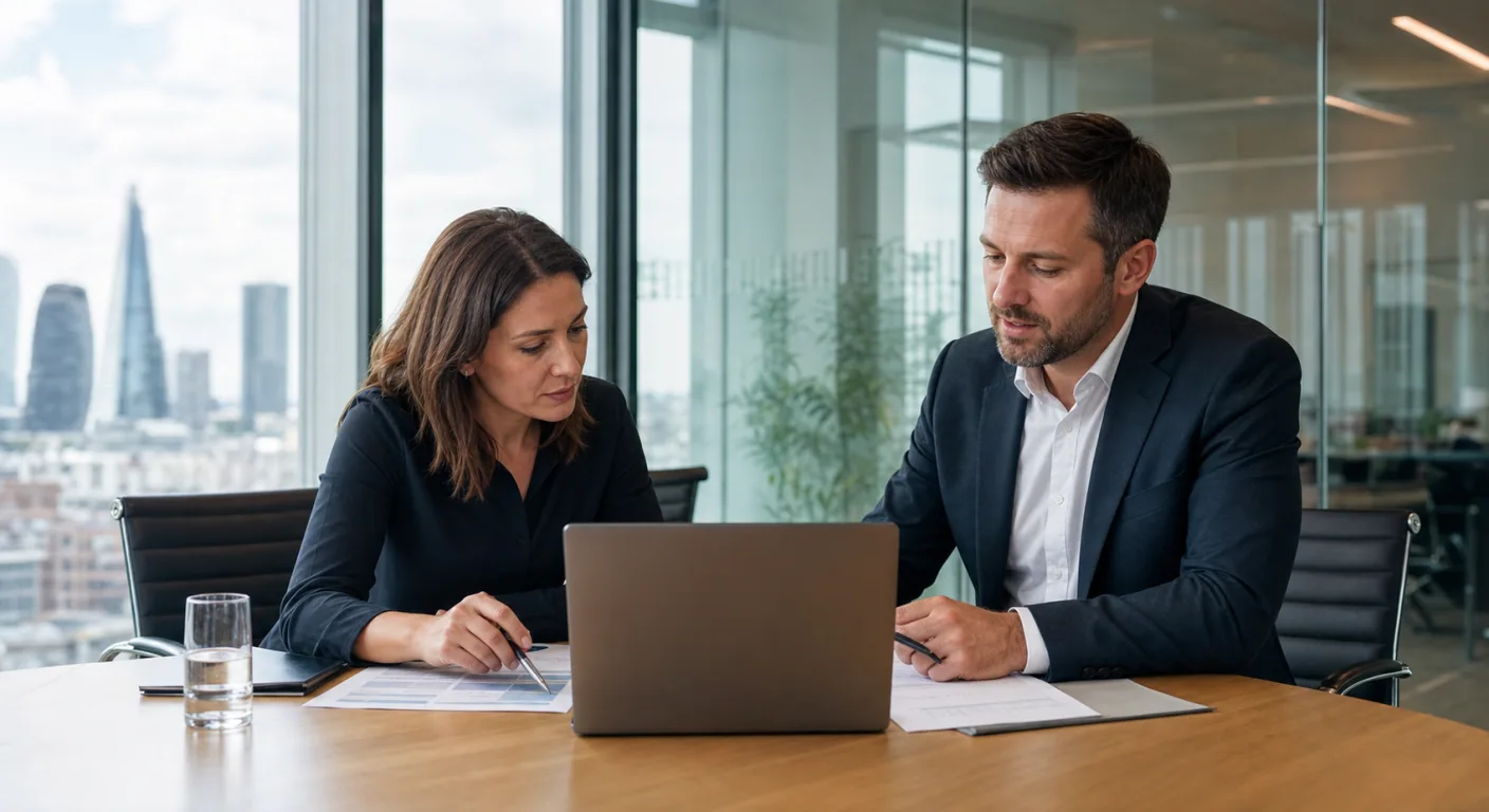 A UK consultant and client reviewing a Perplexity Enterprise deployment plan in a London meeting room