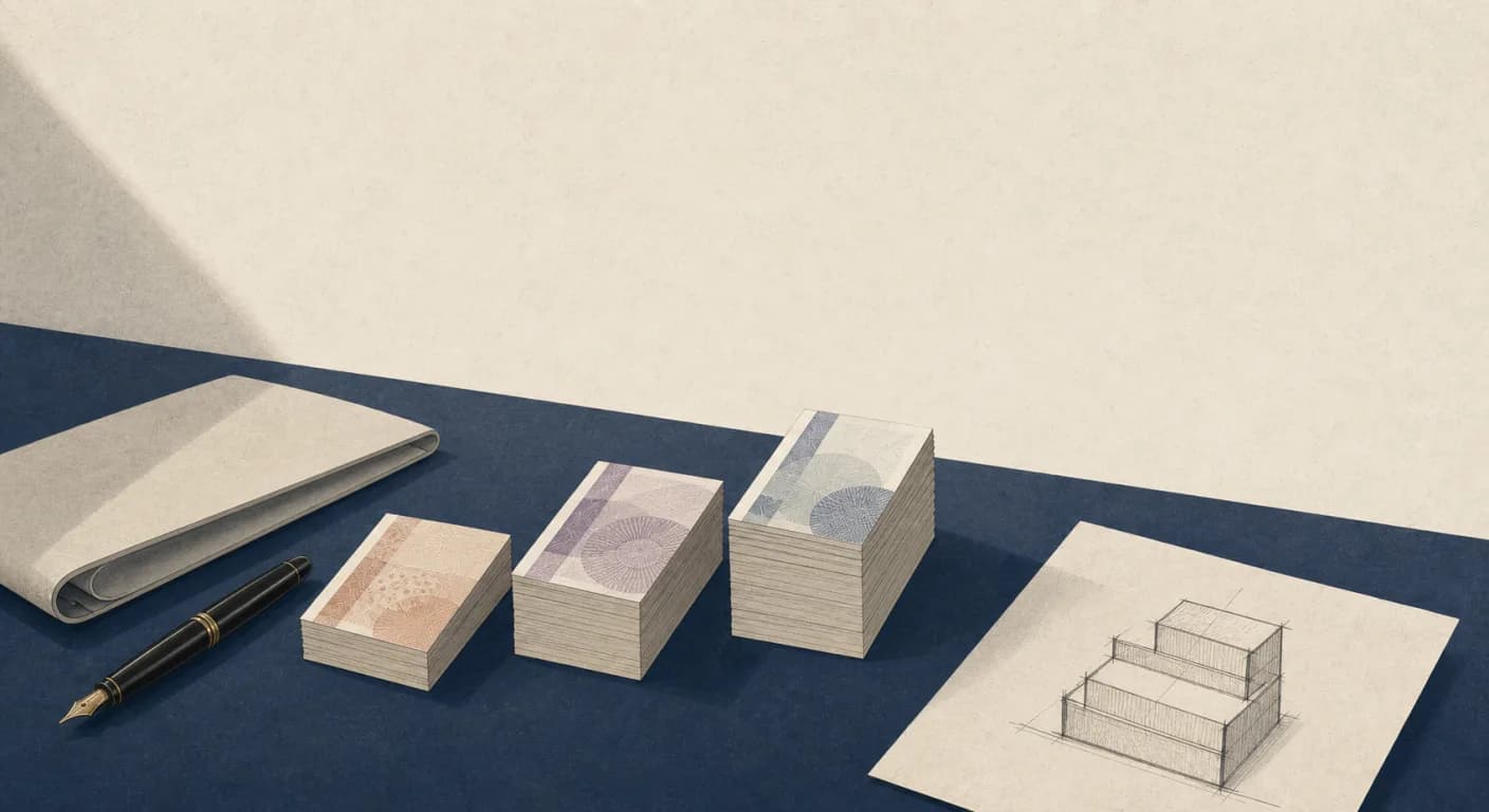 A folded UK twenty-pound note resting on a stack of project briefing documents and an architectural sketch of an AI system, in muted editorial style.