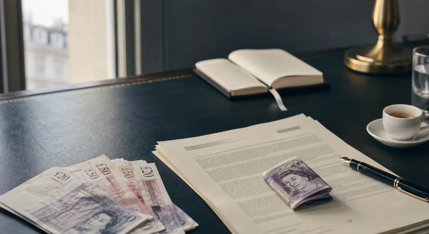 A folded UK twenty-pound note resting on a stack of project briefing documents and an architectural sketch of an AI system, in muted editorial style.