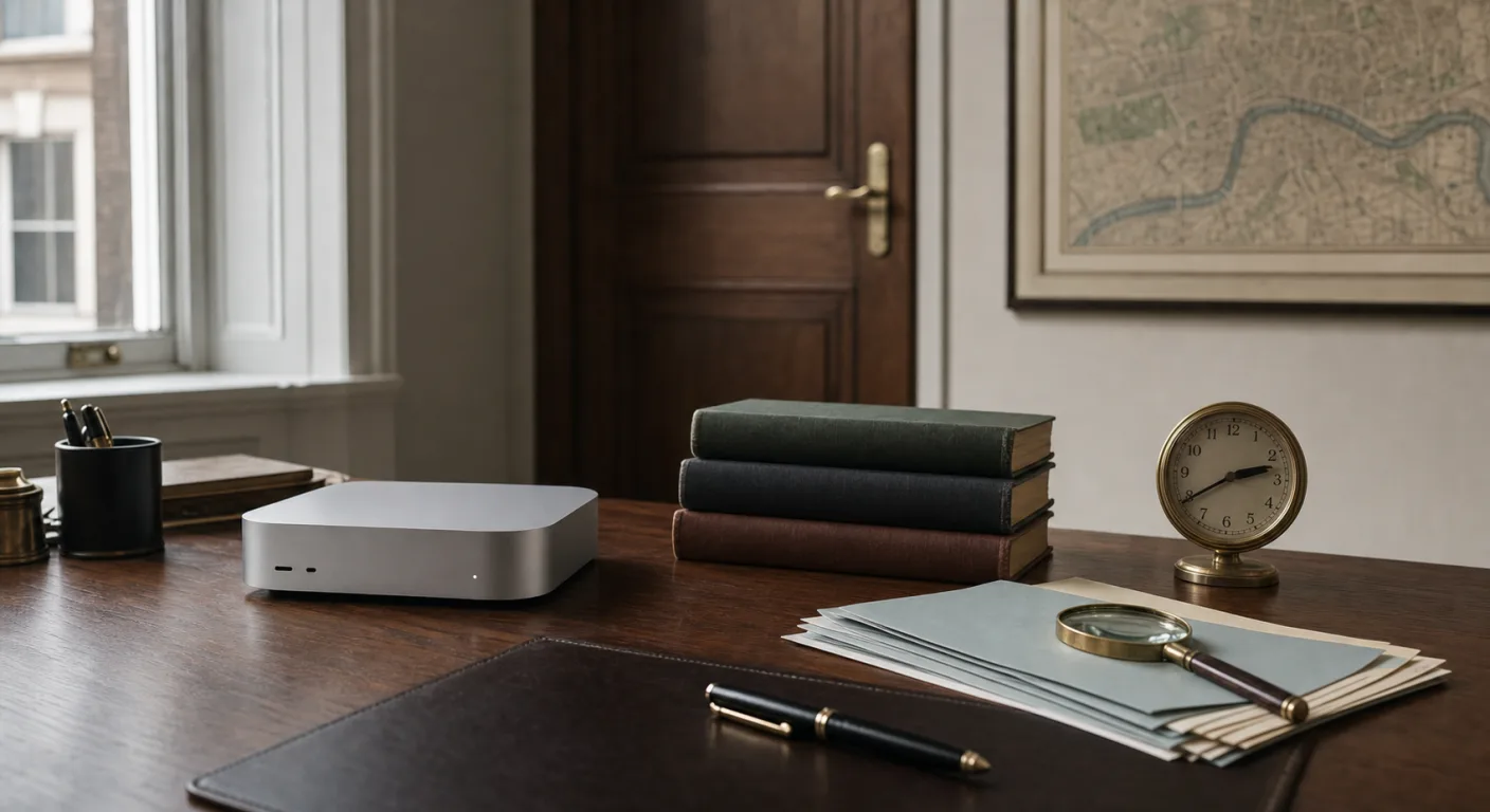 A sole-practitioner solicitor's walnut desk with a Mac mini, brass-framed magnifying glass, leather-bound legal references, and natural daylight.
