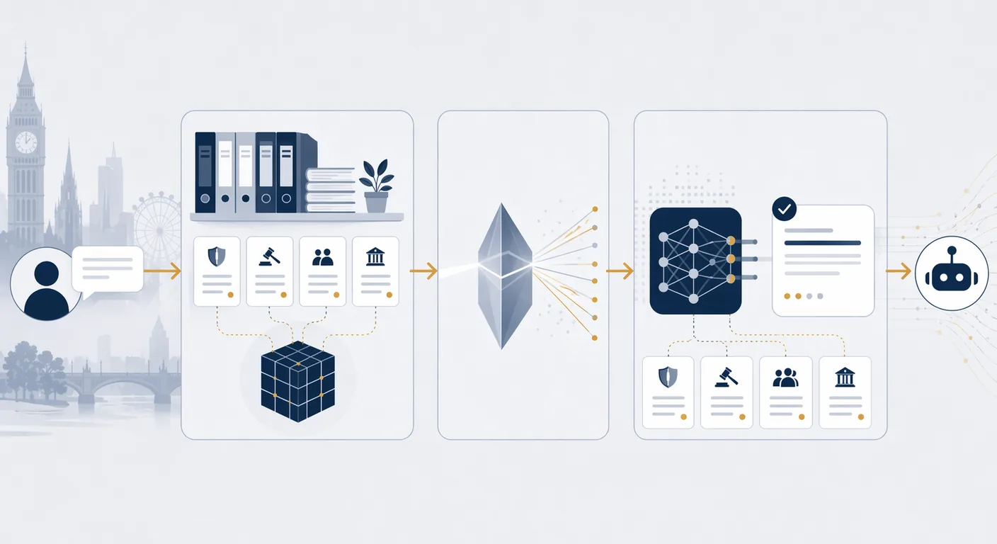 A schematic showing a query flowing through an embedding step, a vector store lookup, and a language model, with retrieved sources cited on the output