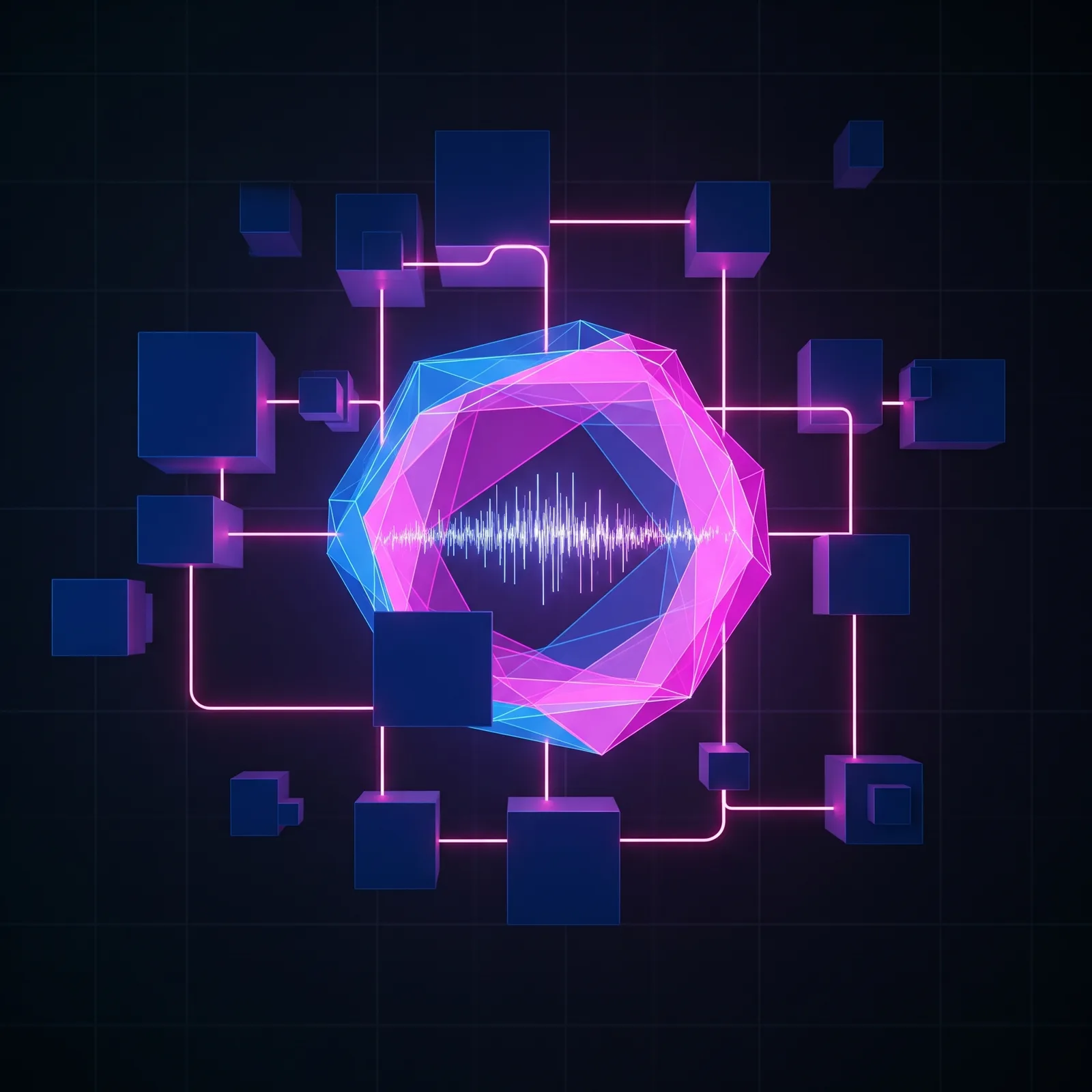 Abstract pink and blue glowing circular motif on a circuit background, representing MLOps systems