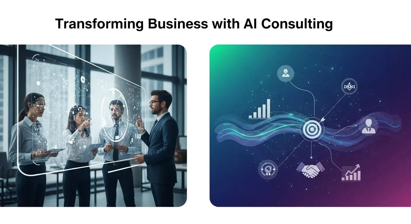 Business team and analytics panels beneath a heading on transforming business with AI consulting