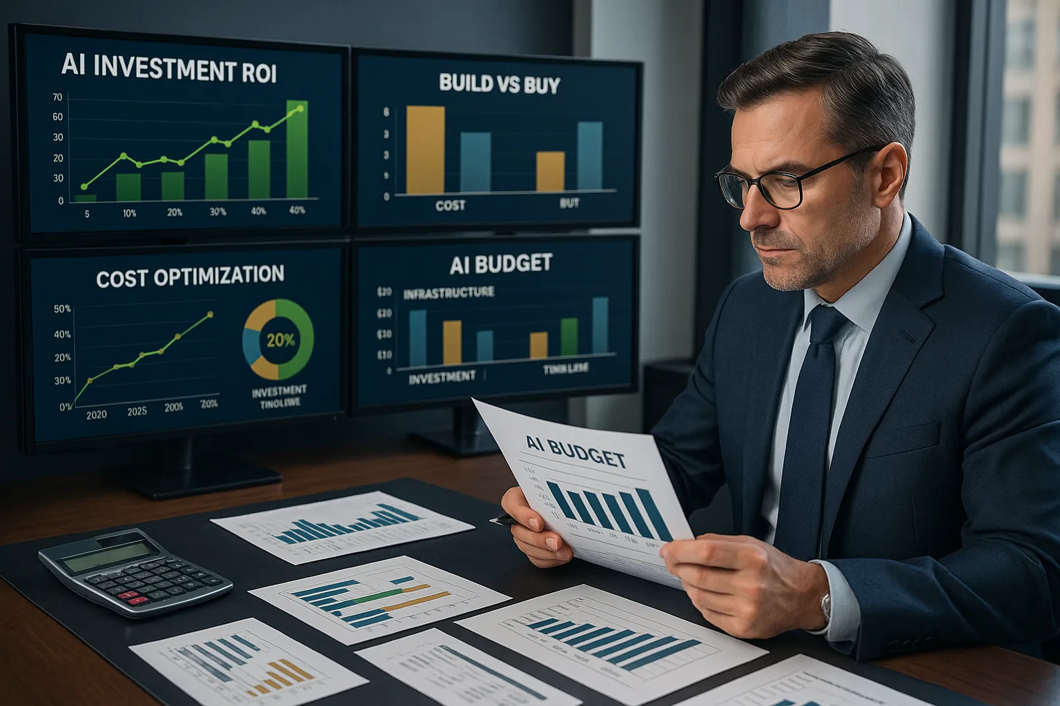 Finance leader reviewing printed charts in front of screens showing AI investment dashboards