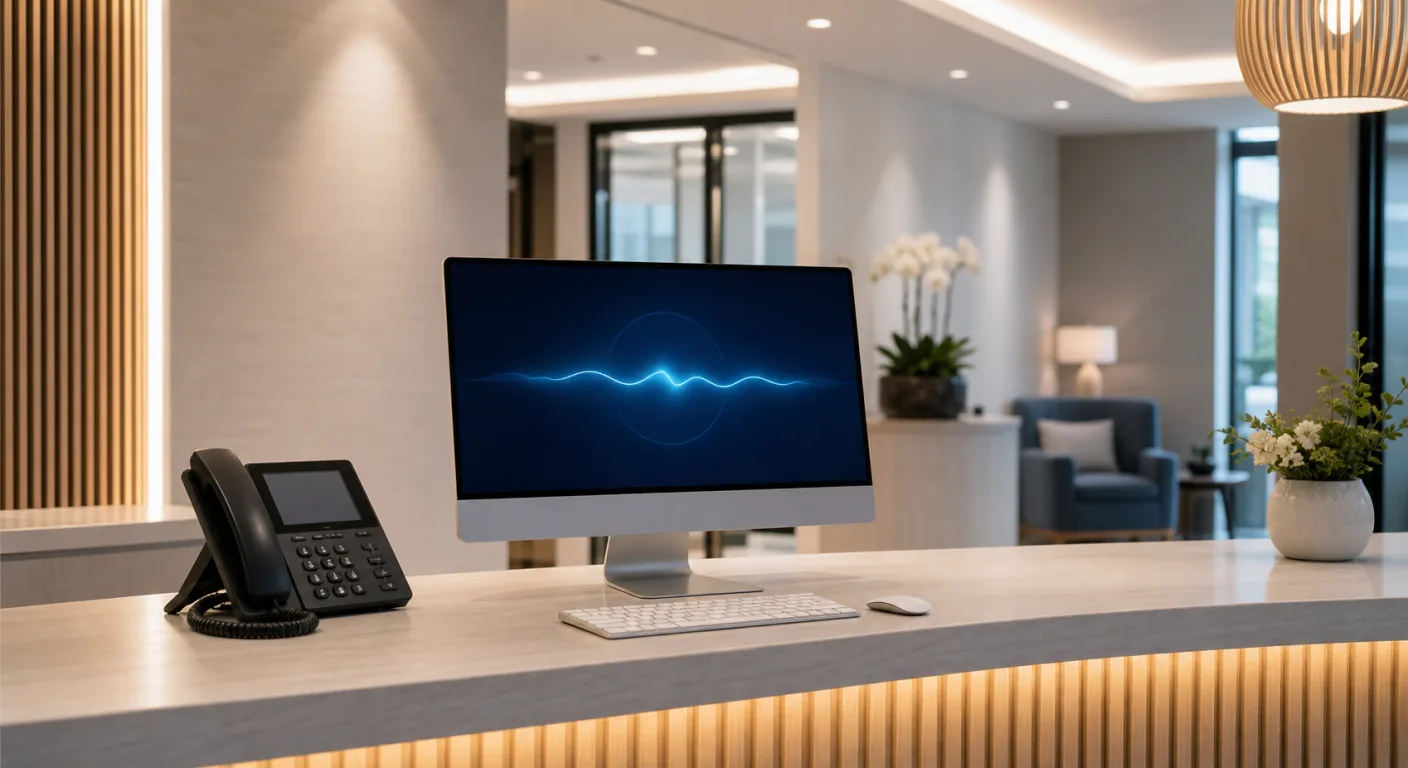 A modern UK dental or professional services reception desk with a phone and subtle AI interface on screen, warm lighting, no people visible, conveying automated call handling