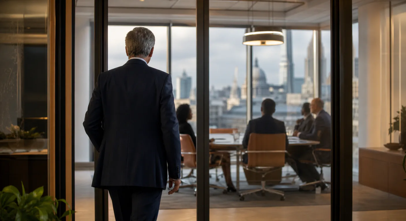 Senior AI leader presenting a board pack on AI strategy to a UK SME leadership team
