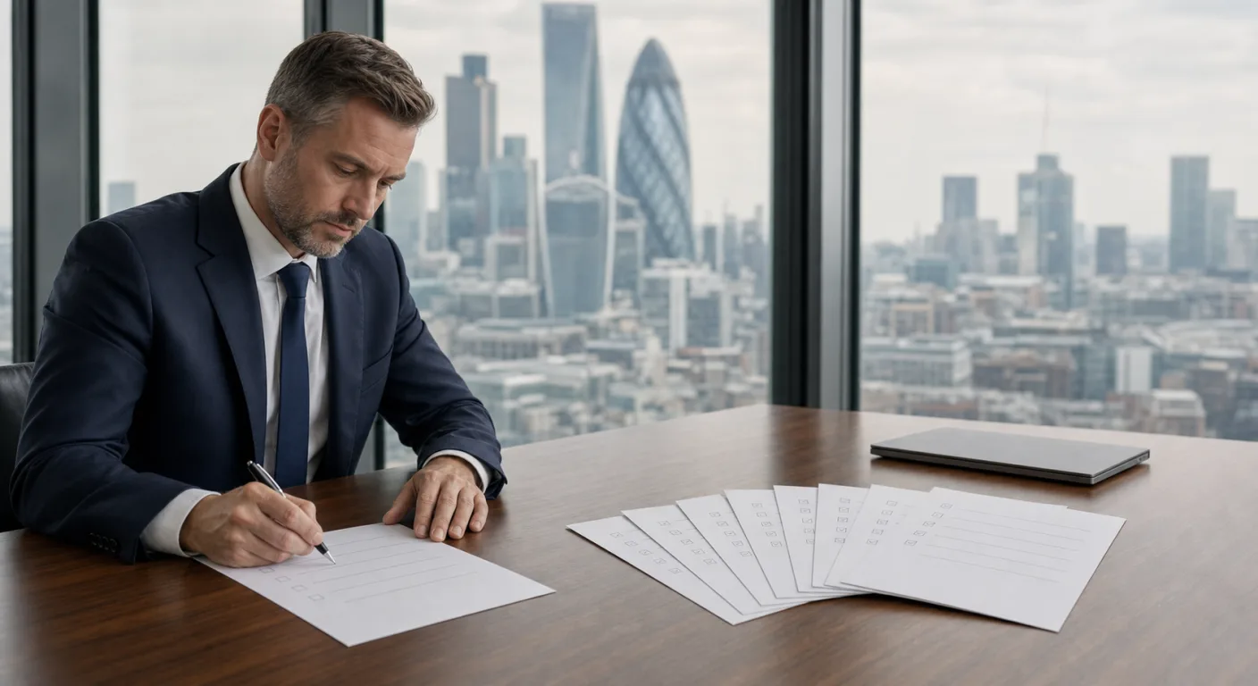 A professional annotating a printed checklist at a desk beside a fan of identical completed documents with the City of London skyline behind