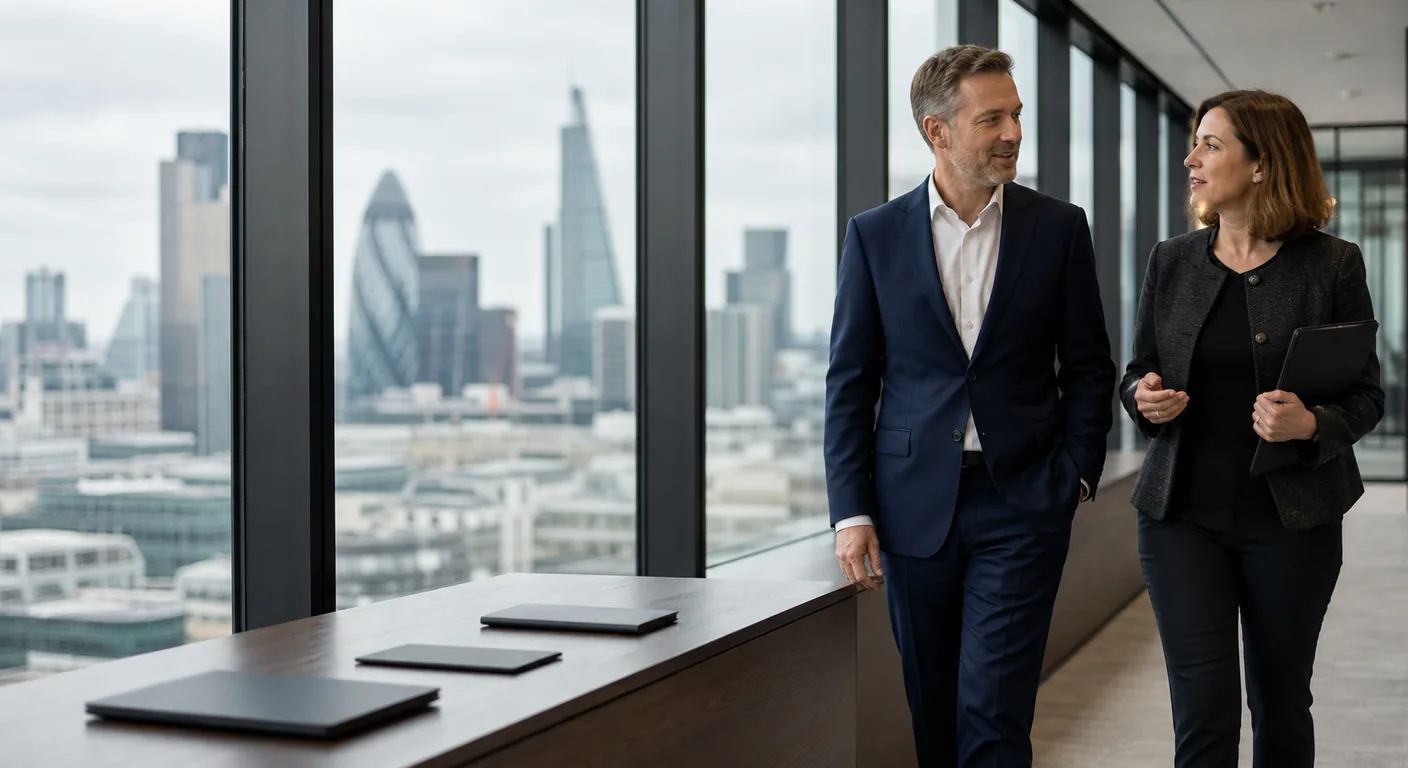 Two colleagues walking and talking along a glazed office corridor, with the City of London skyline soft beyond the glass
