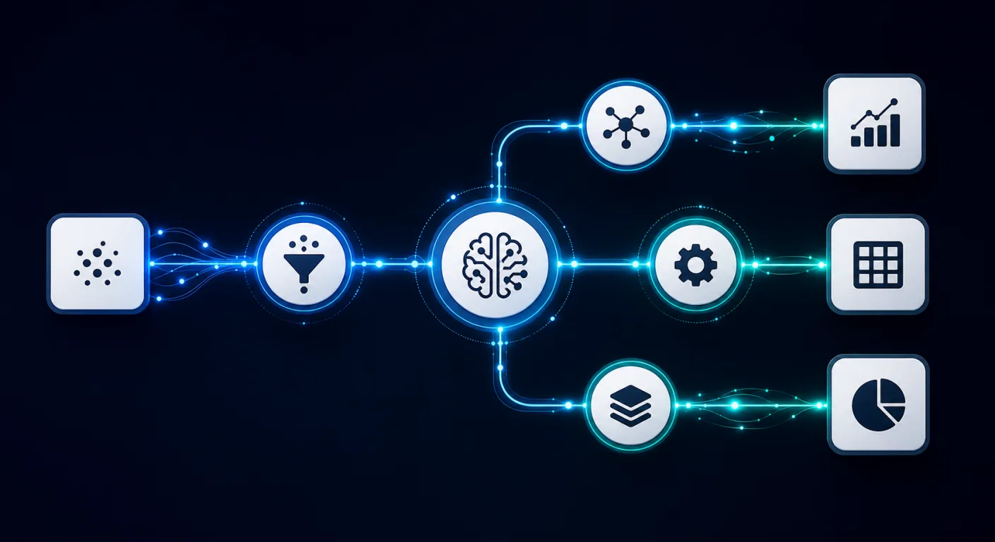 A clean, minimal diagram of interconnected workflow nodes on a dark background, representing automated business processes across multiple systems
