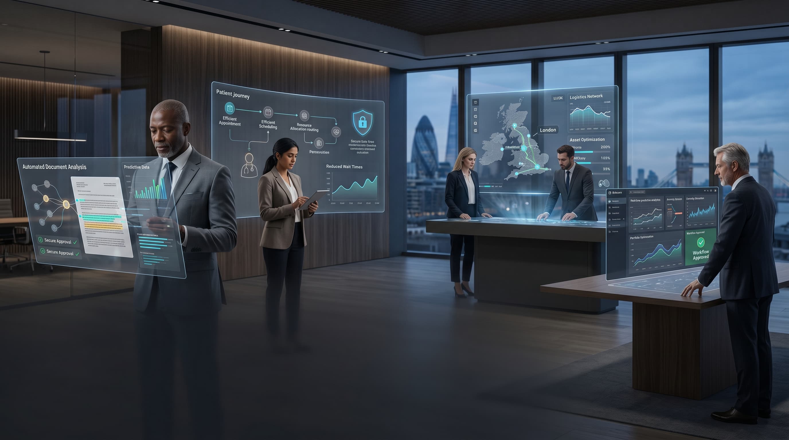 The AI Consultancy team reviewing LLM deployment dashboards in a London office