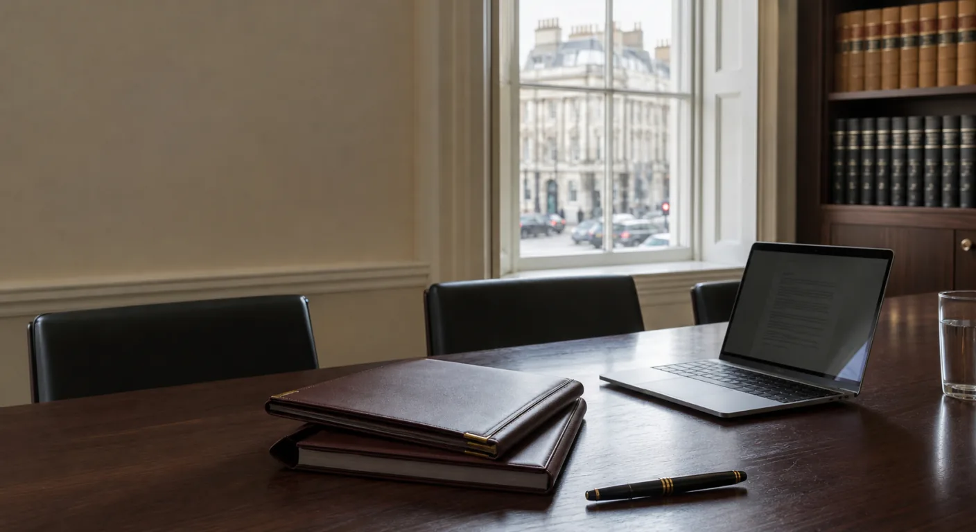 A UK law firm partner meeting room with leather-bound contract folders, a fountain pen, and a MacBook Pro open to a document on a desk, with a sash window showing a London street in soft focus