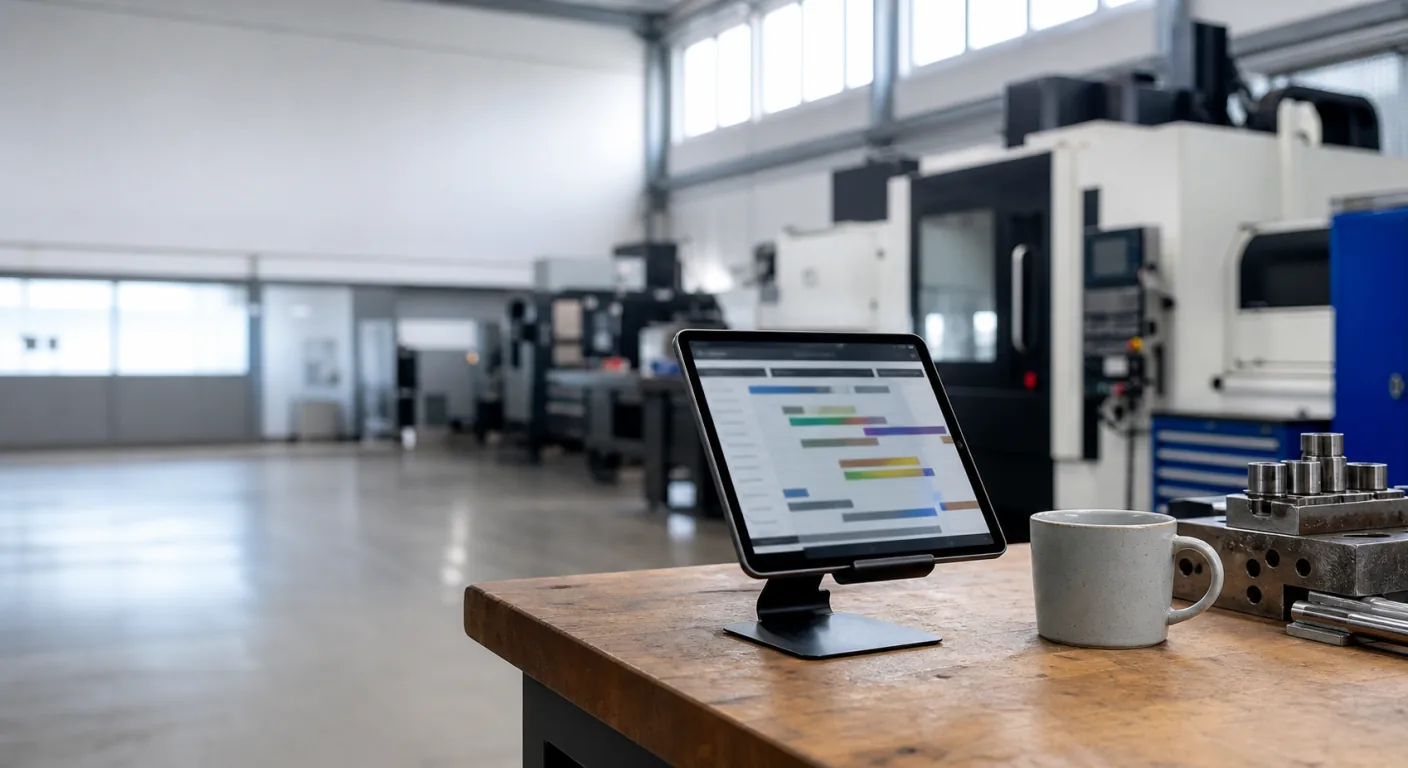 A clean UK precision-manufacturing floor with a CNC machine in soft-focus background and a tablet showing an abstract production schedule on a stand in the foreground, under industrial natural light