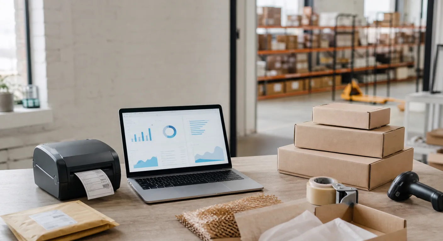 A UK e-commerce back office desk with packaging samples, a laptop showing an abstract analytics dashboard, a shipping label printer, and stacked kraft product boxes in soft warehouse daylight