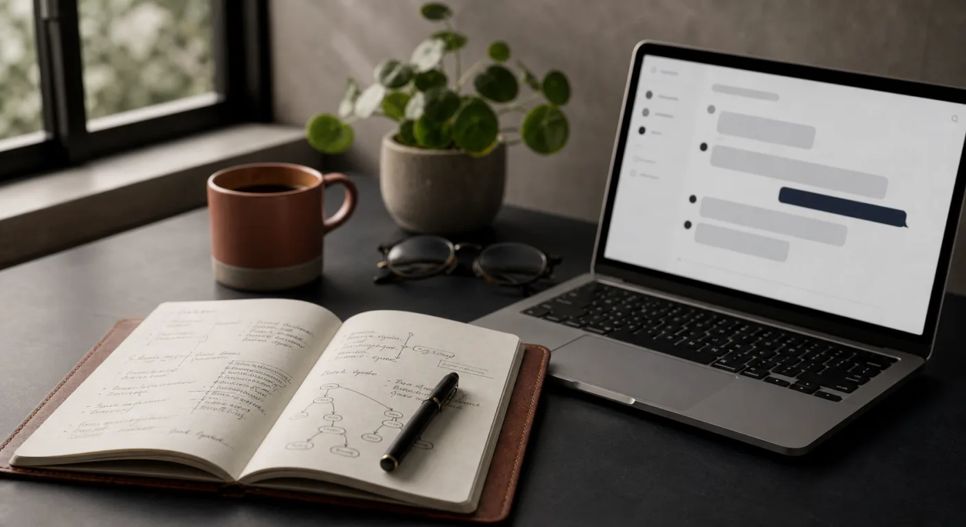 A leather-bound notebook with handwritten strategy notes, a fountain pen, and a laptop open on a Claude conversation interface, arranged on a professional desk