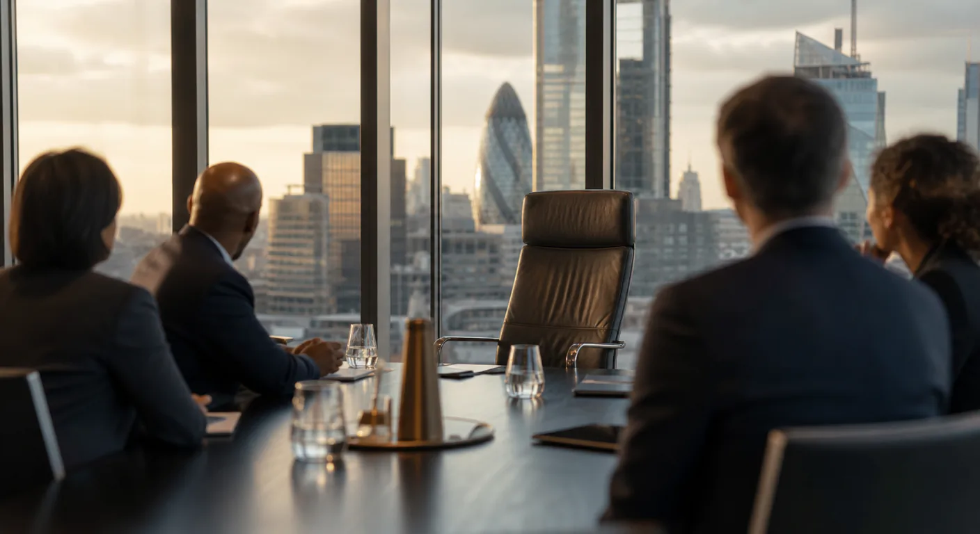 Fractional Chief AI Officer chairing an AI strategy session in a London boardroom